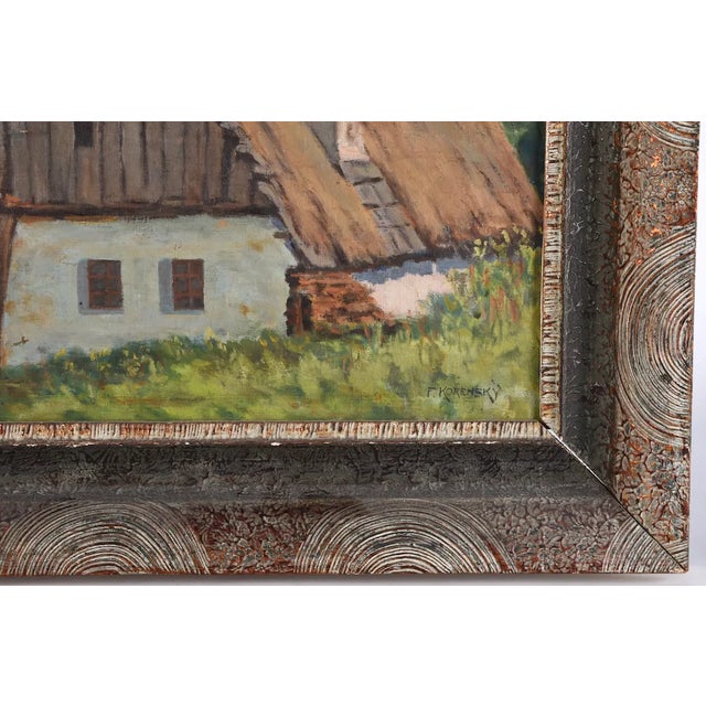 Green Early 20th Century Oil Painting European Barn Landscape in Faux Bois Frame For Sale - Image 8 of 13