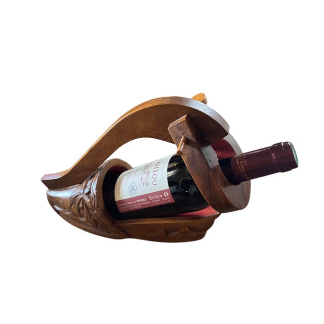 Traditional Vintage Hand-Carved Solid Wood Shoe Wine Bottle Holder With Tropical Motif For Sale - Image 3 of 11