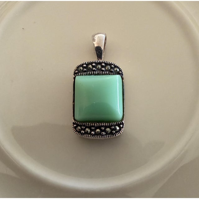 Art Deco Art Deco Style Rectangular Sterling Silver Pendant With Green Gemstone Surrounded by Marcasite For Sale - Image 3 of 3
