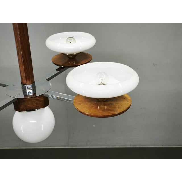 Czech Art Deco Chrome and Opaline Glass Chandelier in Walnut, 1930s For Sale - Image 12 of 17