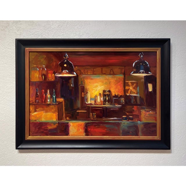 The painting depicts a vibrant gelateria scene, illuminated by warm, inviting light that emanates from the back of the...