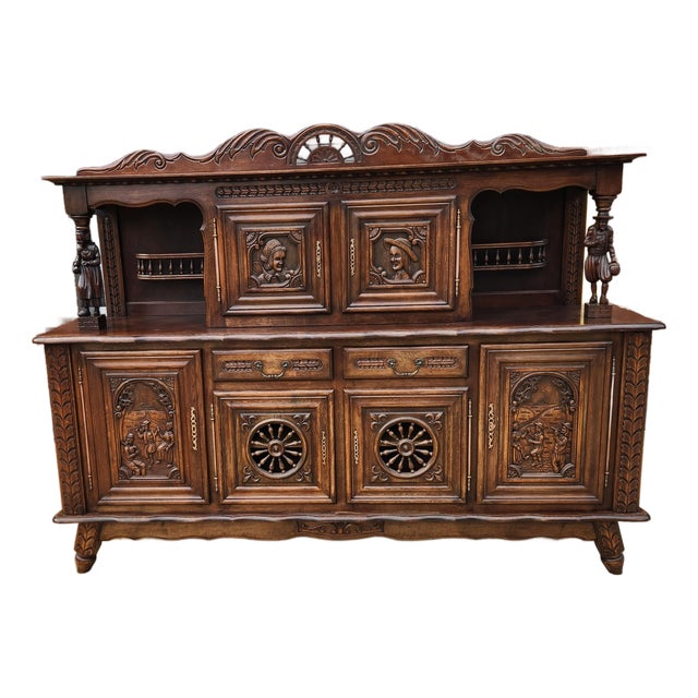 Antique French Brittany Hand-Carved Oak Sideboard, C. 1920s For Sale