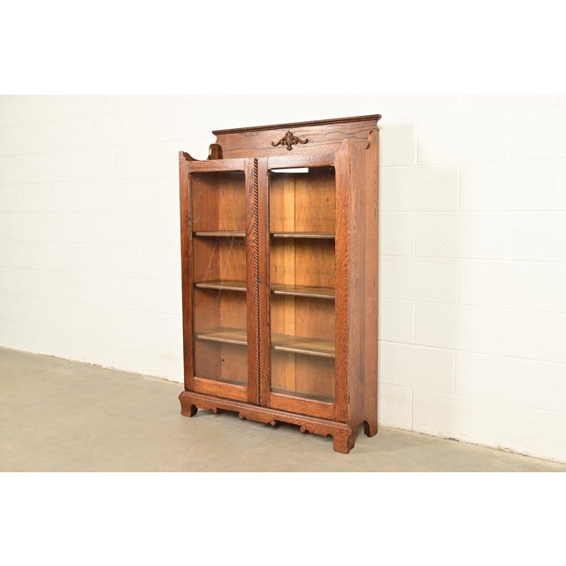 Victorian Antique Victorian Two-Door Carved Oak Bookcase Cabinet, Circa 1900 For Sale - Image 3 of 13