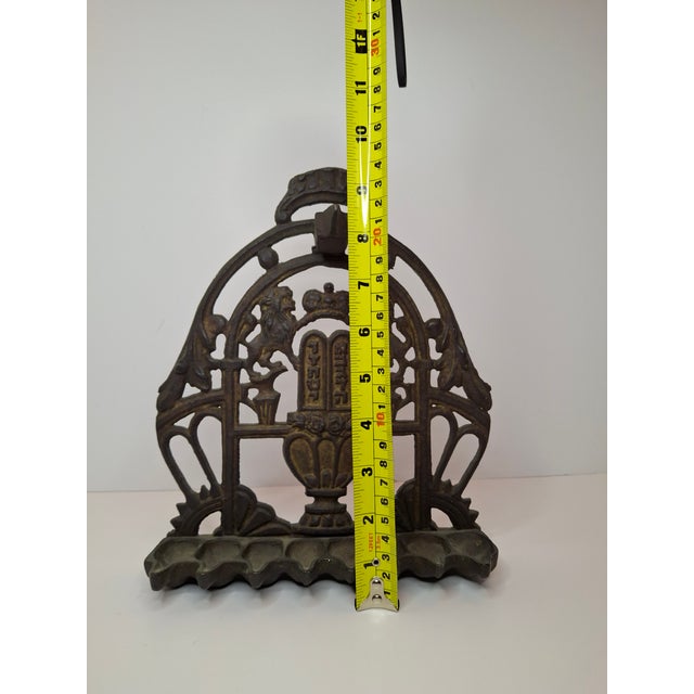 Antique 19thC Polish Brass Bench Menorah Hanukkah Lamp Lions Crown Decalogue For Sale - Image 4 of 15