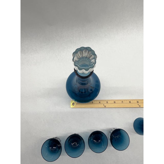 Glass Vintage Mid-Century Modern Cobalt Blue Art Glass Decanter & 5 Cordial Glasses Set With Crystal Bases For Sale - Image 7 of 9
