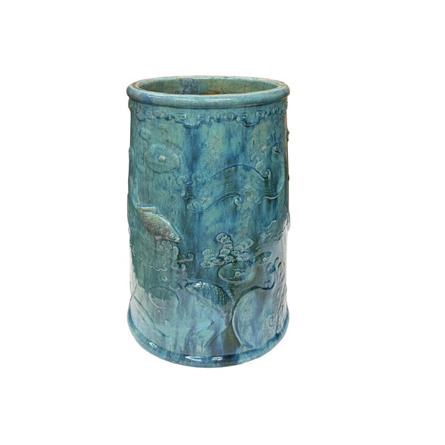 Vintage Distressed Marks Turquoise Green Lotus Fishes Ceramic Holder For Sale - Image 4 of 14