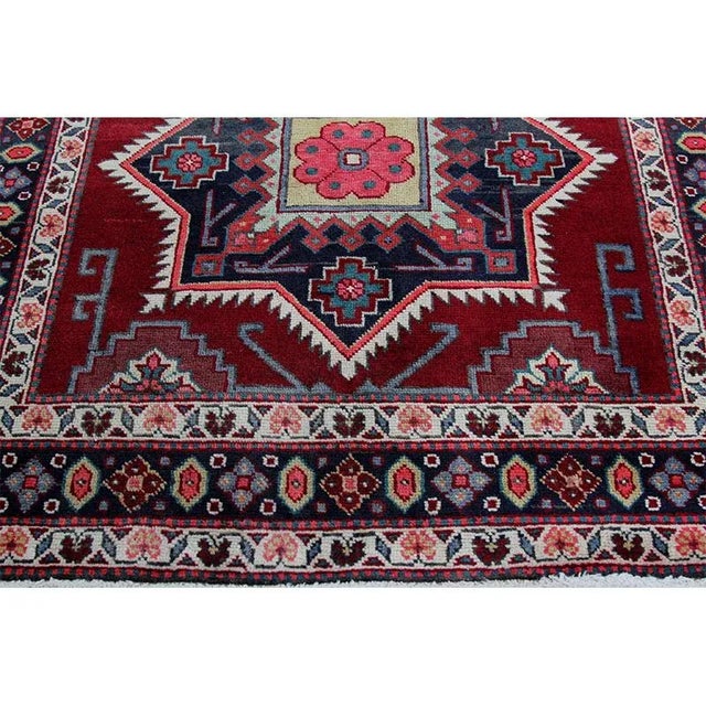 Handwoven Red/Navy Persian Azarbaijan Runner Rug 3'6" X 11'3" For Sale - Image 4 of 10