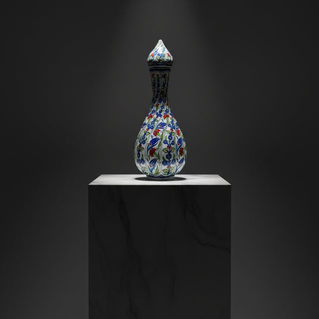 Blue Handmade Ceramic Fluted Nightingale Vase with Lid (30cm) Polychrome Floral Pattern For Sale - Image 8 of 8