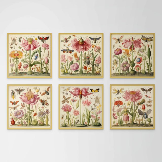 # Set of 6 - 54" X 36" Gallery Wall Installation 'Insects and Flowers' Botanical Floral Prints, Unframed For Sale - Image 9 of 9