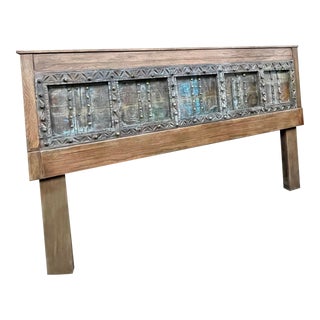 King Headboard Made From Antique Indian Door Framed in Oak Wood For Sale