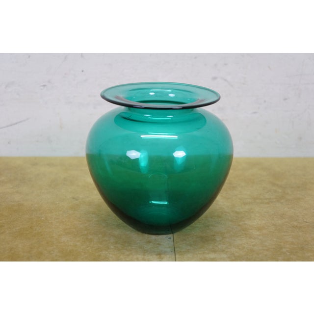 Vintage Hand Blown Teal Green Glass Vase Urn Leech Bowl 6" For Sale - Image 4 of 12