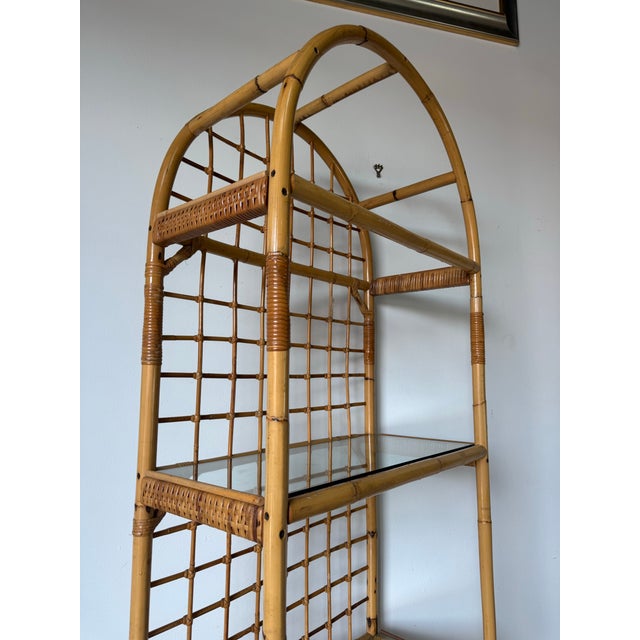 Vintage Boho Chic Coastal Bamboo & Rattan Four-Tier Arched Étagère For Sale - Image 9 of 12