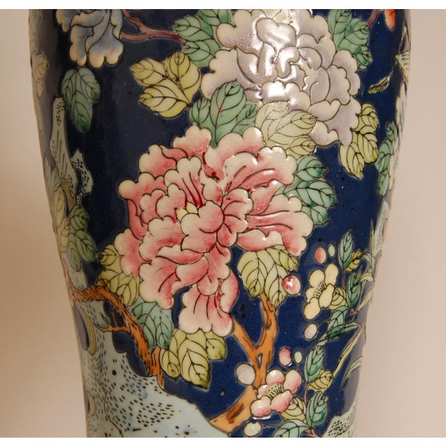 Vintage Famille Rose Vase Lamps Chinese Porcelain Blue Fond Table Lamps - a Pair For Sale - Image 10 of 14