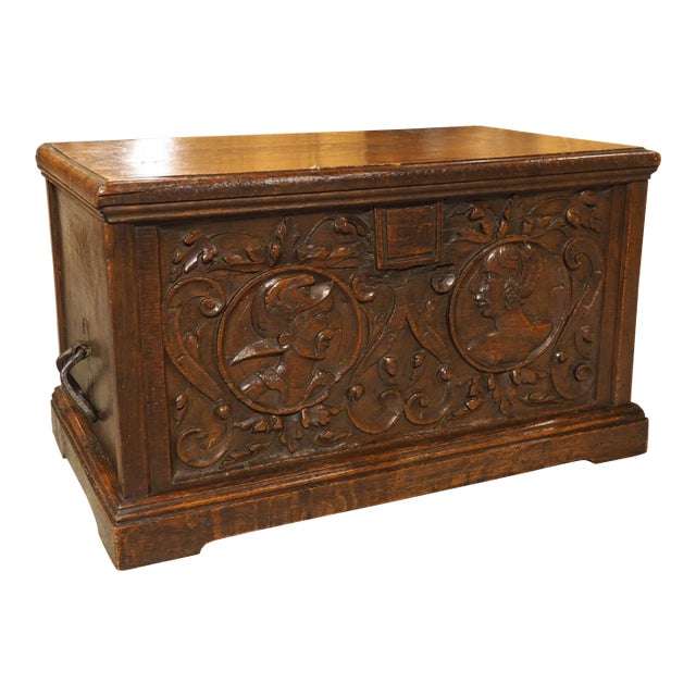 17th Century Northern France Wedding Chest in Carved Oak For Sale