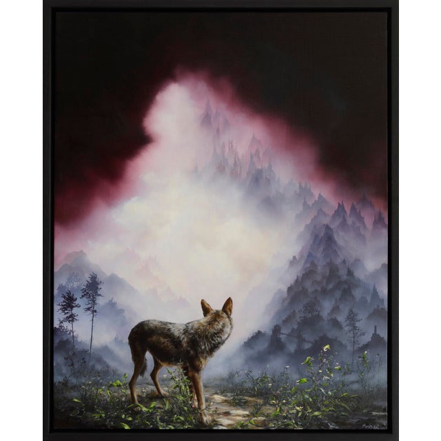 A lone red wolf stands at the forefront, gazing toward a dramatic landscape shrouded in mist and shadow. The deep, moody...