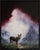 A lone red wolf stands at the forefront, gazing toward a dramatic landscape shrouded in mist and shadow. The deep, moody...