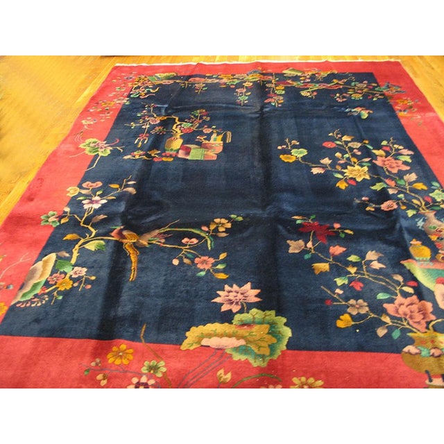 Art Deco 1920s Blue Navy Floral Modern Antique Chinese Art Deco Rug 9' 3"x11' 8" Hand Knotted Pile Wool Carpet For Sale - Image 3 of 6