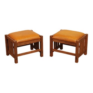 Stickley Mission Collection Oak and Leather Foot Stools - A Pair For Sale