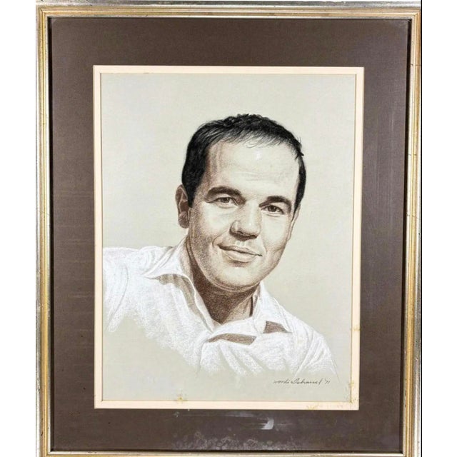 Vintage 1971 Woodi Ishmael Signed Original Pastel Portrait Of A Man This captivating mid-century original pastel portrait...