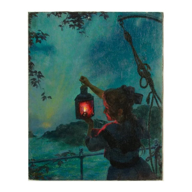 Otto Toaspern (American 1863-1940) Girl With Lantern, Oil on Canvas. For Sale - Image 11 of 11