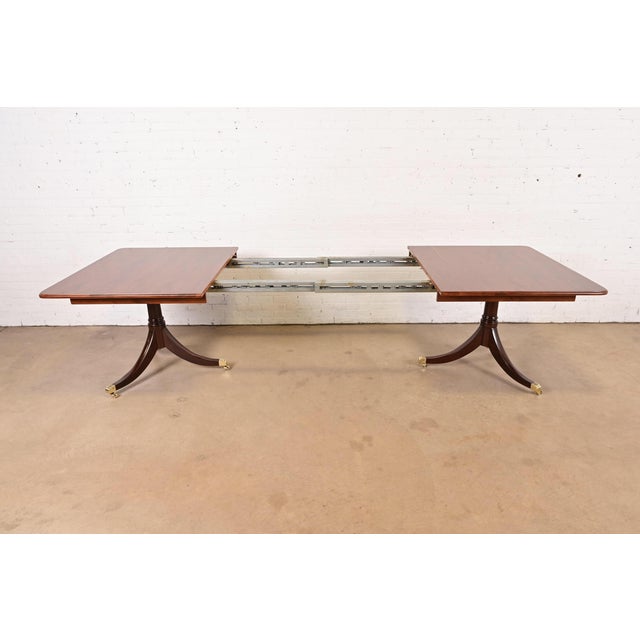 Wood Baker Furniture Style Georgian English Yew Wood and Mahogany Double Pedestal Extension Dining Table, Newly Refinished For Sale - Image 7 of 12