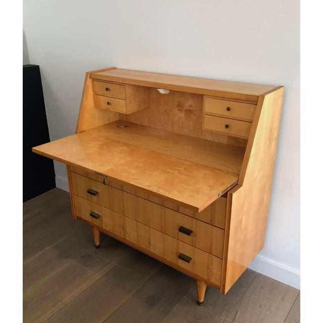 Mid-Century Modern Secretary Desk With Sycamore Flap. French Work. Circa 1970 For Sale - Image 3 of 12