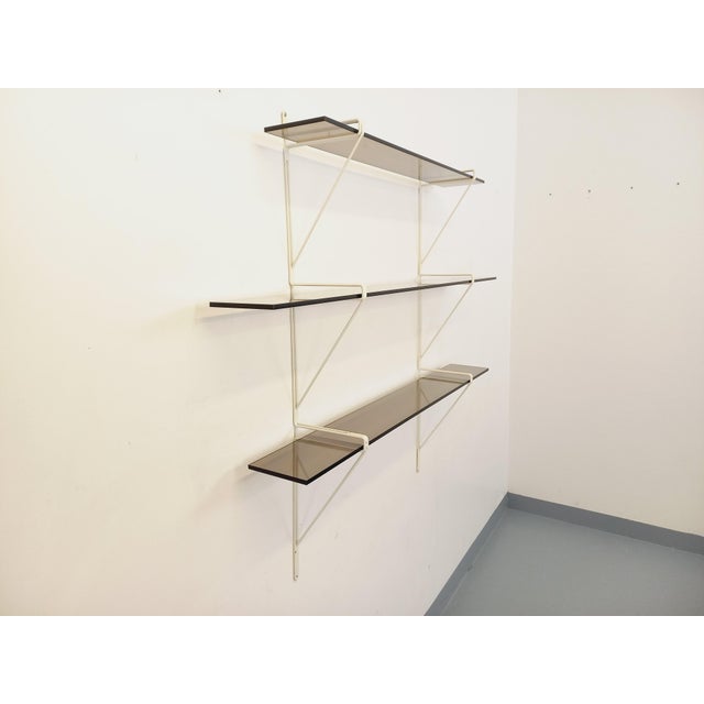 Large Vintage Wall Shelf in Smoked Glass and White Metal, String Tomado Style, from the 1960s, 1970s For Sale - Image 4 of 17