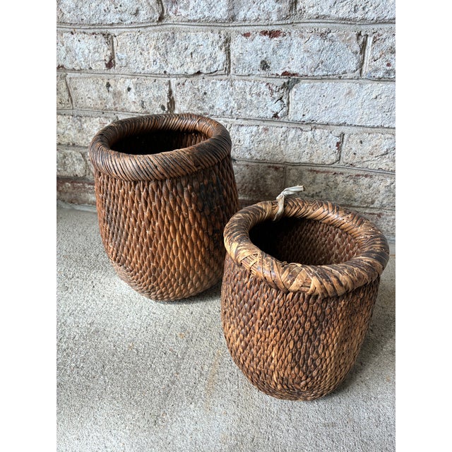 Brown Pair of Vintage Woven Baskets For Sale - Image 8 of 16