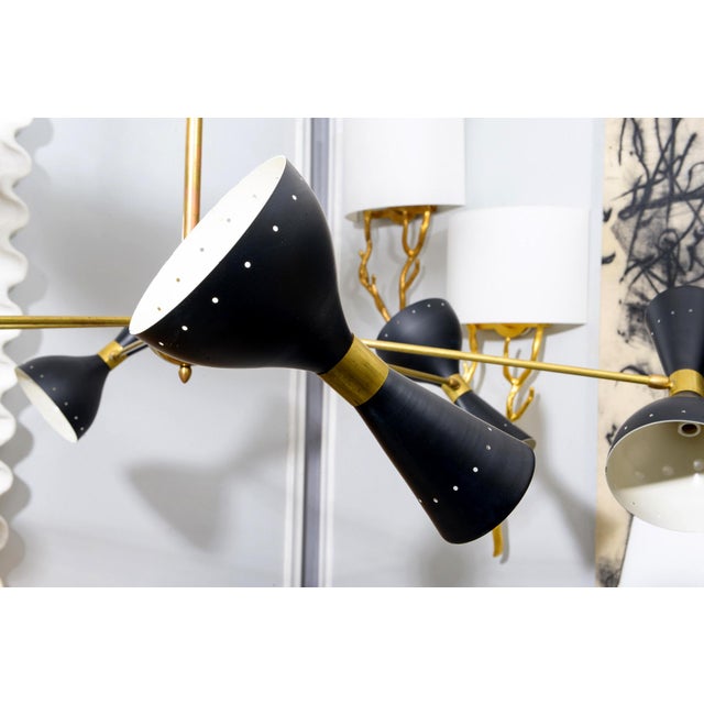 Metal Mid-Century Inspired Six-Arm Brass Fixture With Articulated Black Shades For Sale - Image 7 of 7