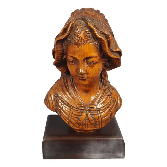 Vintage Italian Wood Sculpture Bust of Girl, 1960s For Sale