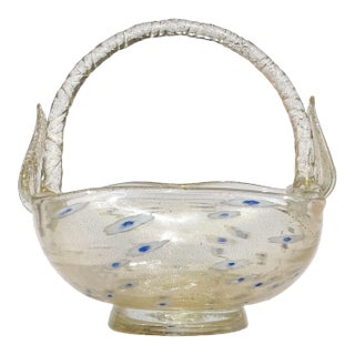 Vintage Murano Gold Flecks White Blue Daisy Pattern Italian Art Glass Rope Handle Basket Bowl For Sale