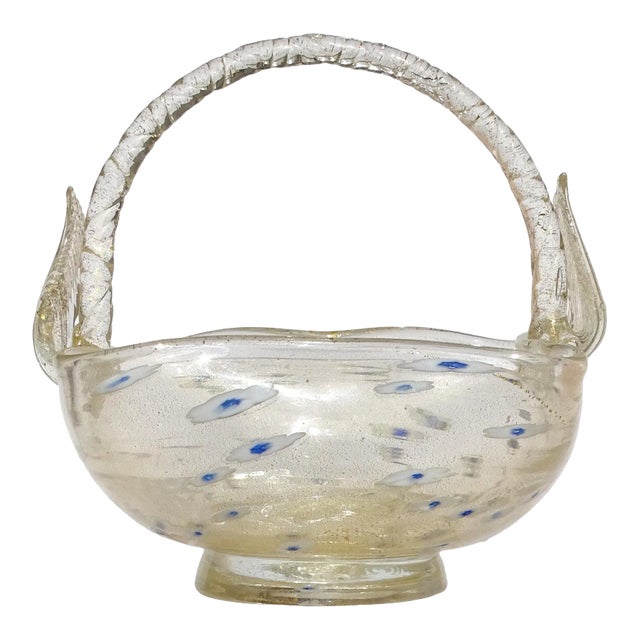 Vintage Murano Gold Flecks White Blue Daisy Pattern Italian Art Glass Rope Handle Basket Bowl For Sale