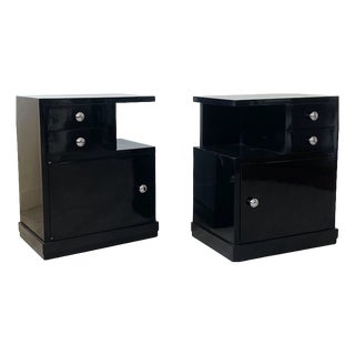 Art Deco Bedside Tables in Black Lacquer, 1940s, Set of 2 For Sale
