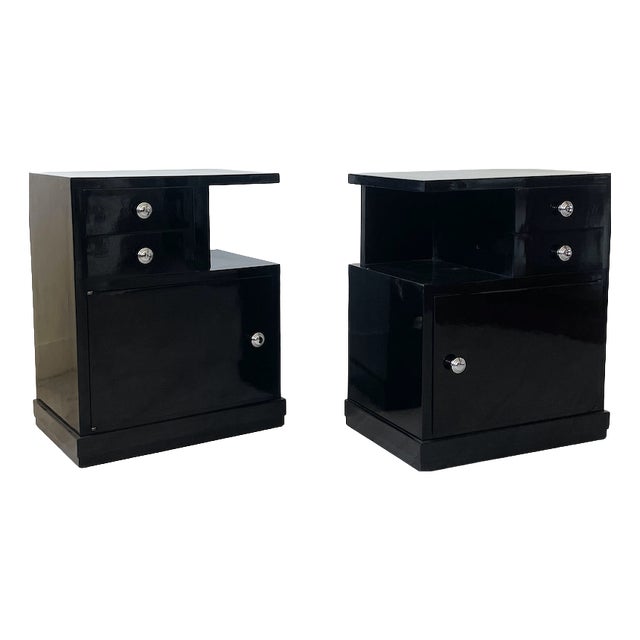 Art Deco Bedside Tables in Black Lacquer, 1940s, Set of 2 For Sale