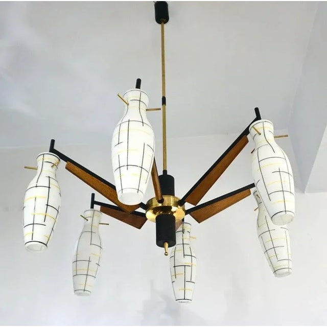 Stilnovo 1958 Italian Black White Glass Pair of 6-Light Teak Brass Chandeliers - a Pair For Sale - Image 11 of 13