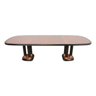 Drexel Heritage Modern Art Deco Walnut and Black Lacquered Double Pedestal Extension Dining Table, Newly Refinished For Sale