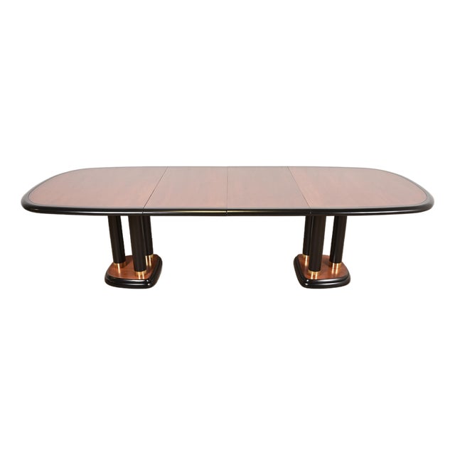 Drexel Heritage Modern Art Deco Walnut and Black Lacquered Double Pedestal Extension Dining Table, Newly Refinished For Sale