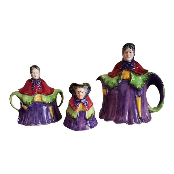 1930s English Lady Figural Tea Pot Set With Sugar and Creamer by