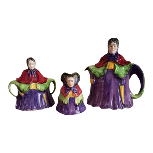 1930s English Lady Figural Tea Pot Set With Sugar and Creamer by h.j. Wood - Set of 3