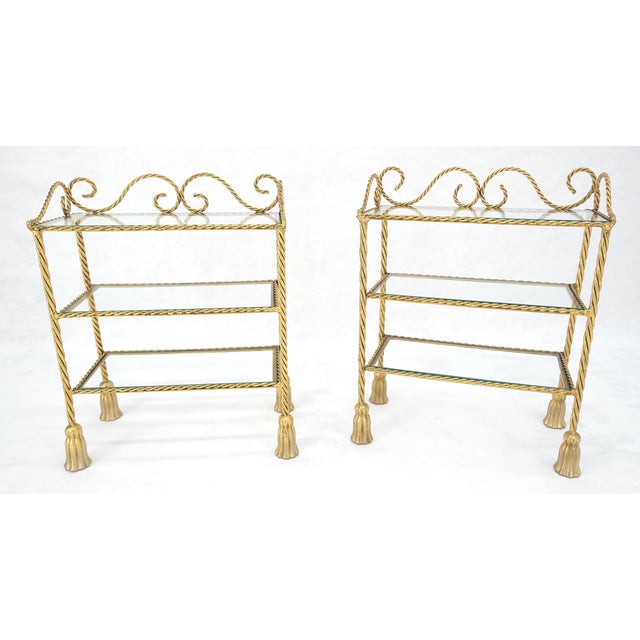 Pair of Italian 3 TierGold Gilt "Twisted Rope" Iron Side End Tables Stands MINT For Sale - Image 9 of 15