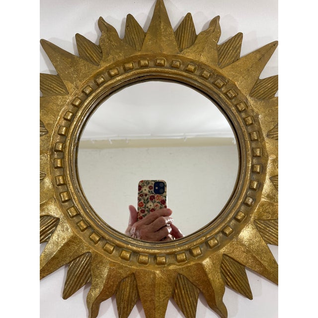 Gold Vintage 1960s French Style 16.5" Gilded Sunburst Wall Mirror For Sale - Image 8 of 17