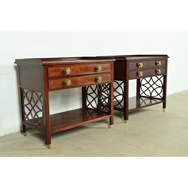 Baker Furniture Historic Charleston Chippendale Carved Mahogany Rolling Buffet Servers, Pair For Sale - Image 11 of 11
