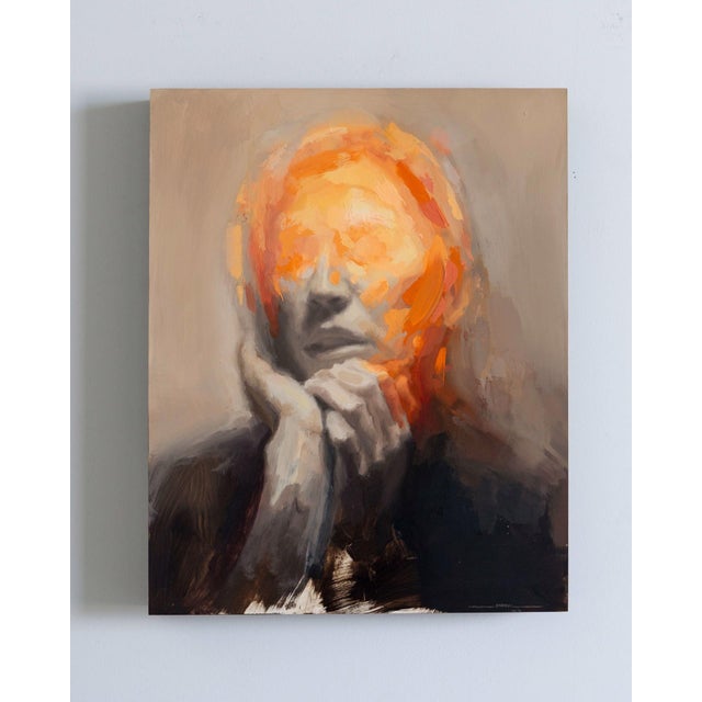 In "Euphoria," the figure emerges with an abstracted visage, characterized by vibrant swirls of orange and soft, muted...