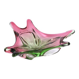 Vintage 1960s Pink and Green Amorphic Splash Murano Glass Dish For Sale