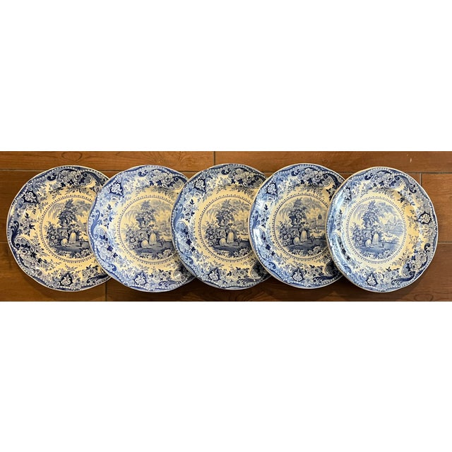English Antique 19th Century English Regency Staffordshire Blue Transferware Dinner Plates - Italian Buildings by Ralph Hall Circa 1825 - Set of 5 For Sale - Image 3 of 17