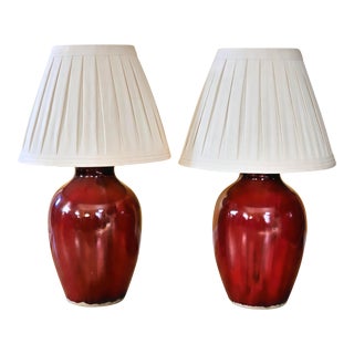 Mid-Century Modern Burgundy Ceramic Drip Glaze Table Lamps With Shades by Ballard Designs, a Pair For Sale