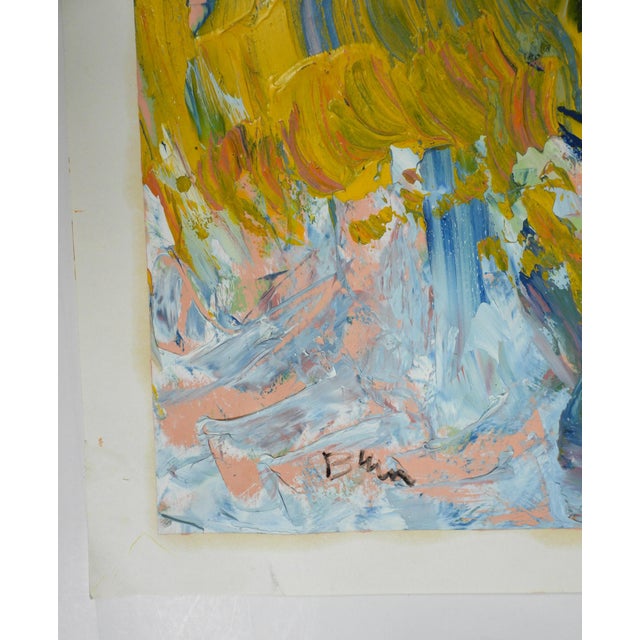 Contemporary oil on paper abstract in yellow, pink and blues by K. C. Bacon (1948-2026) Washington. Signed, lower left....