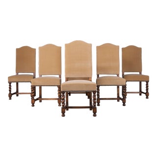 Antique French Louis XIII Style Maple Barley Twist Dining Chairs W/ Beige Velvet - Set of 6 For Sale
