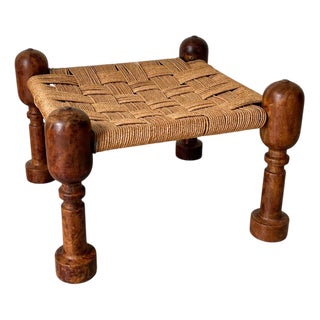 Modernist Turned Wood Ottoman with Woven Rope Top, India, 1950s For Sale