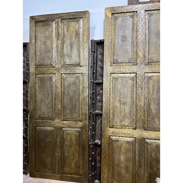 Mid-Century Modern Vintage Brass Cladded Carved Barn Door | Statement Library & Interior Door 96x36 For Sale - Image 3 of 5